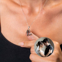 Thumbnail for Half-Heart Photo Necklace Set worn by a woman, showcasing a personalized photo of a couple.