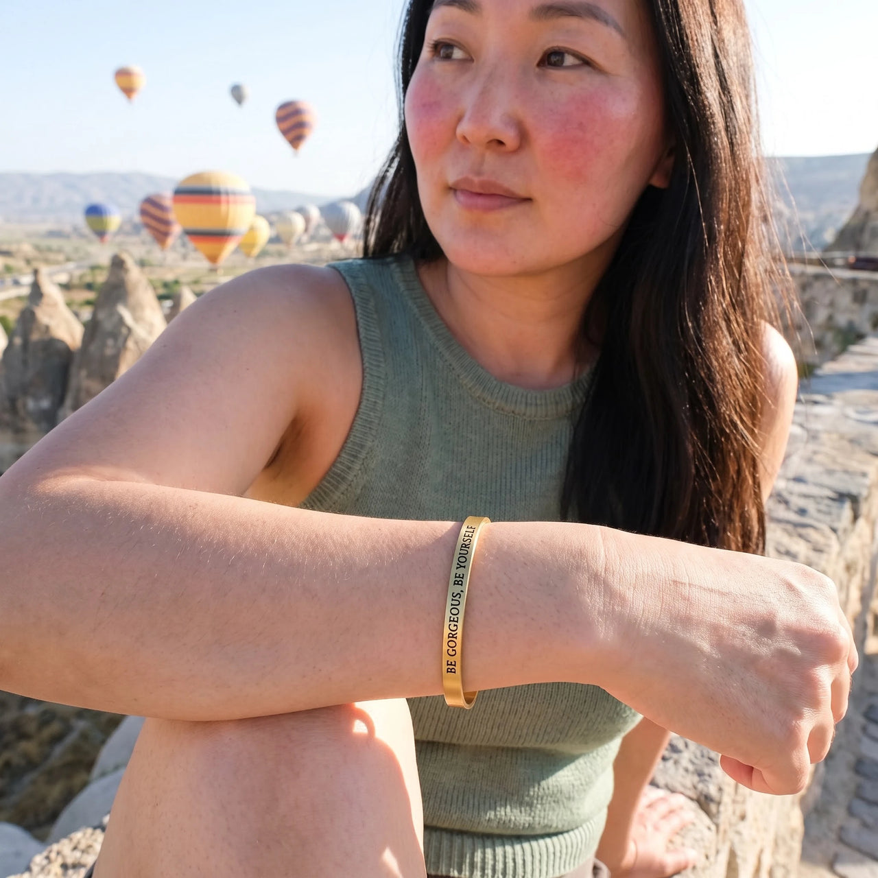 Be Gorgeous, Be Yourself bracelet in gold worn on a getaway | SKU: bgby-g