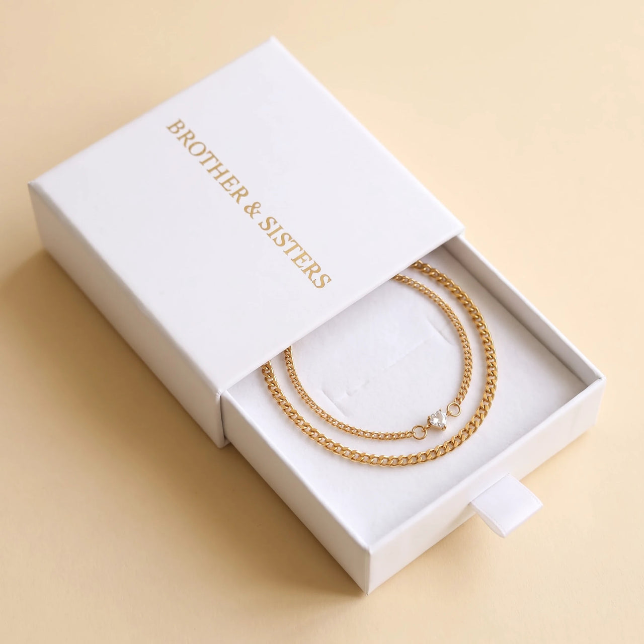 Heart Bond Matching Bracelet Set in Gold — in the Brother & Sisters slide-out gift box