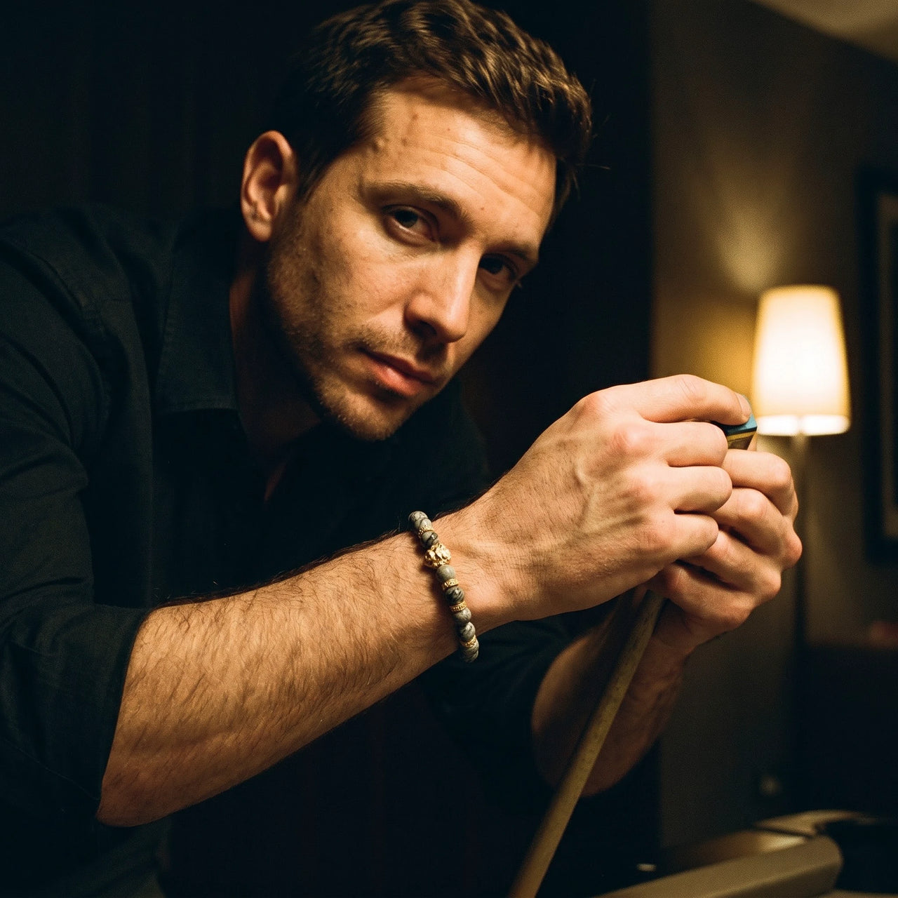 Gold Lion & Grey Stones Bracelet – worn while playing billiards | Brother & Sisters | SKU: 20866222-gold-XS-14-15, 20866222-gold-S-16-17, 20866222-gold-M-18-19, 20866222-gold-L-20-21, 20866222-gold-XL-22-23
