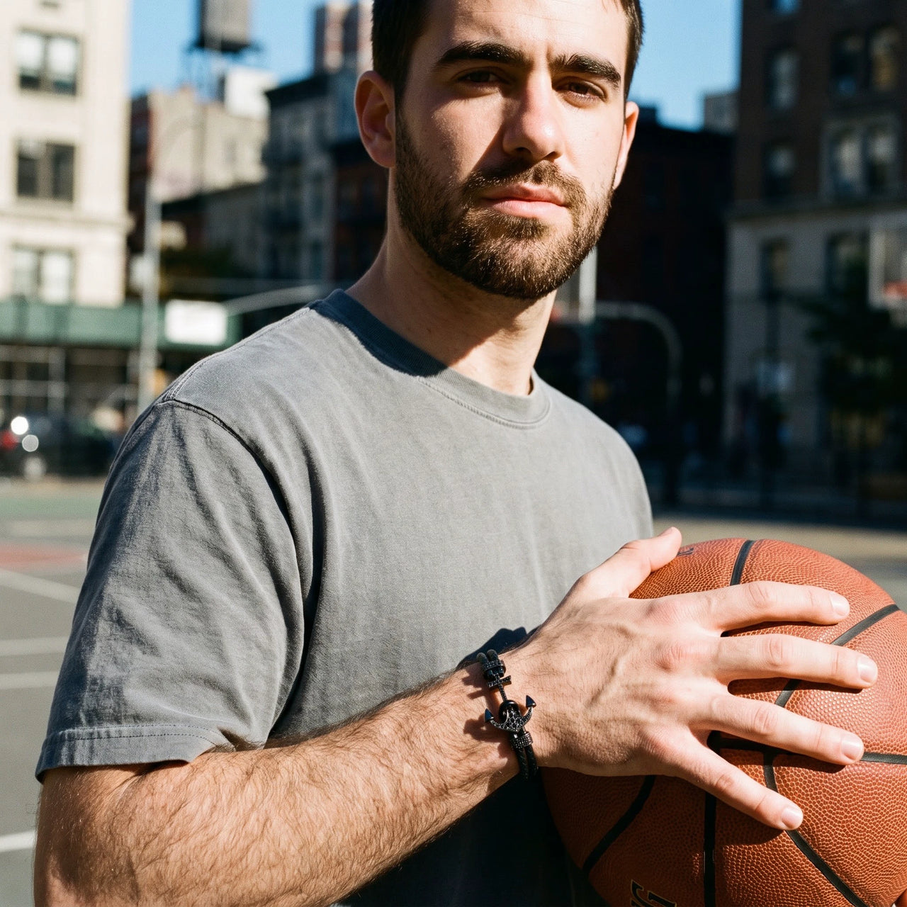 Black Anchor Bracelet – with a basketball | Brother & Sisters | SKU: 3621358-gun-black-XS-14-15, 3621358-gun-black-S-16-17, 3621358-gun-black-M-18-19, 3621358-gun-black-L-20-21, 3621358-gun-black-XL-22-23