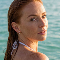 Thumbnail for Rose gold stud earrings worn in the sea, waterproof stainless steel with water drops | SKU: 419593-rose-gold