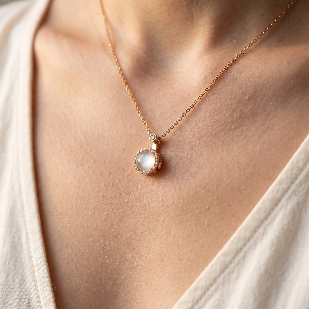 Moonstone pendant — close-up of the details, gold | SKU: lelunaire