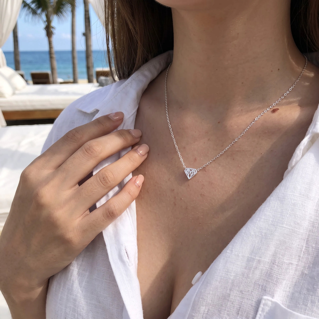 Dainty necklace — worn, real size, silver | SKU: 12791388-white-gold