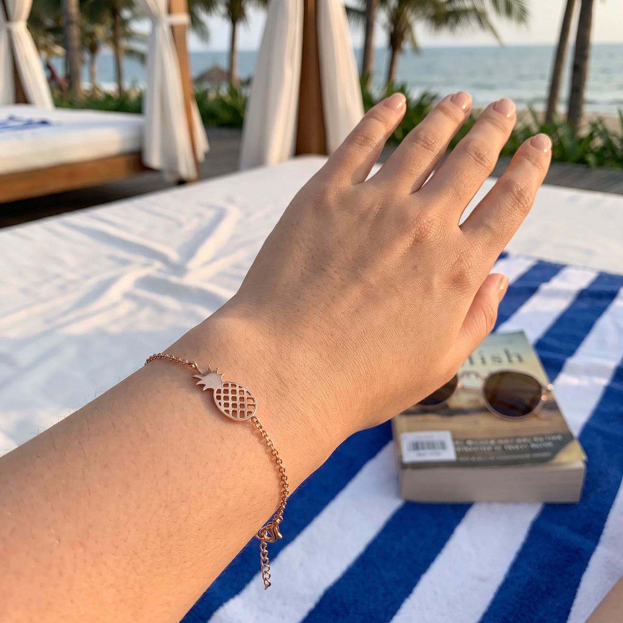 Rose gold charm bracelet worn, showing its real size | SKU: 9178613-rose-gold
