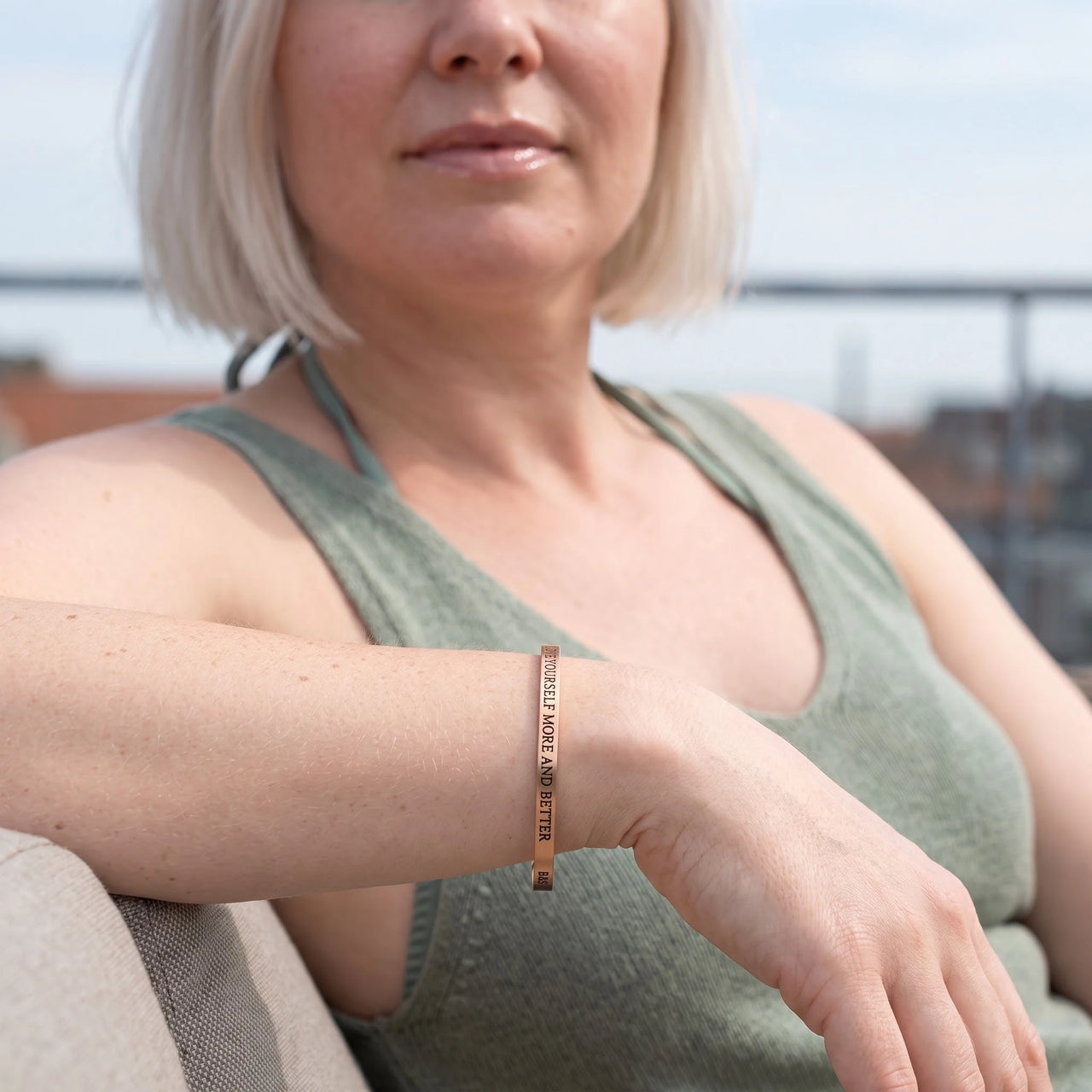 Love Yourself More And Better bracelet in rose gold worn during a relaxed moment | SKU: lymab-rg