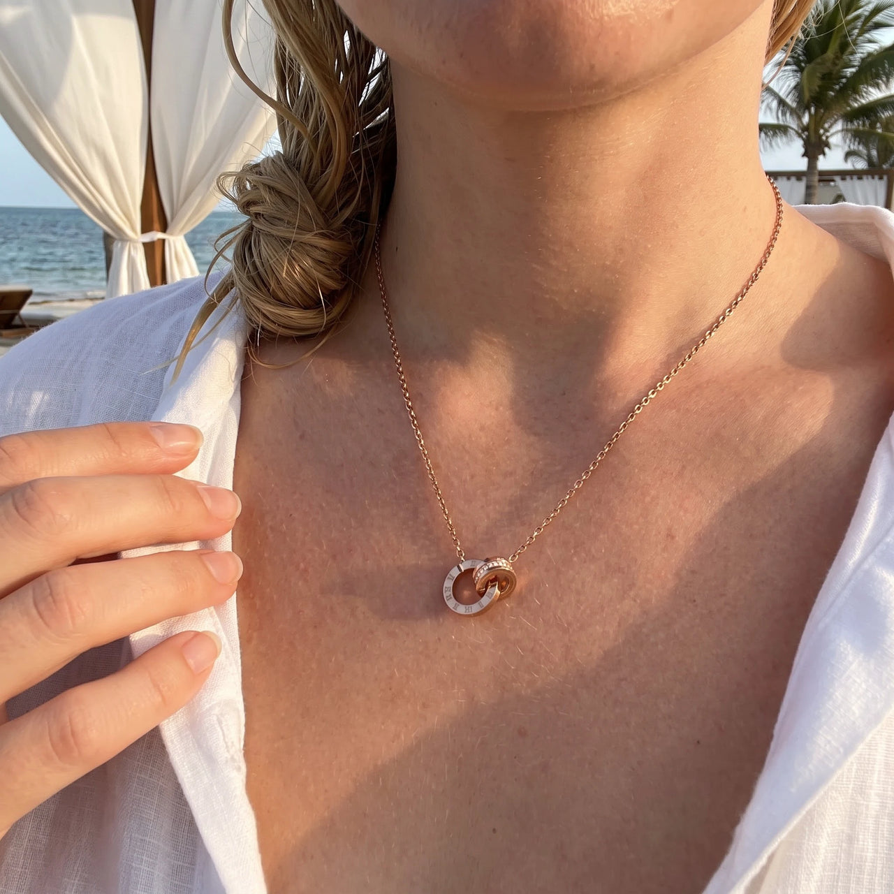 Rose gold necklace worn, showing its real size | SKU: 25535378-rose-gold