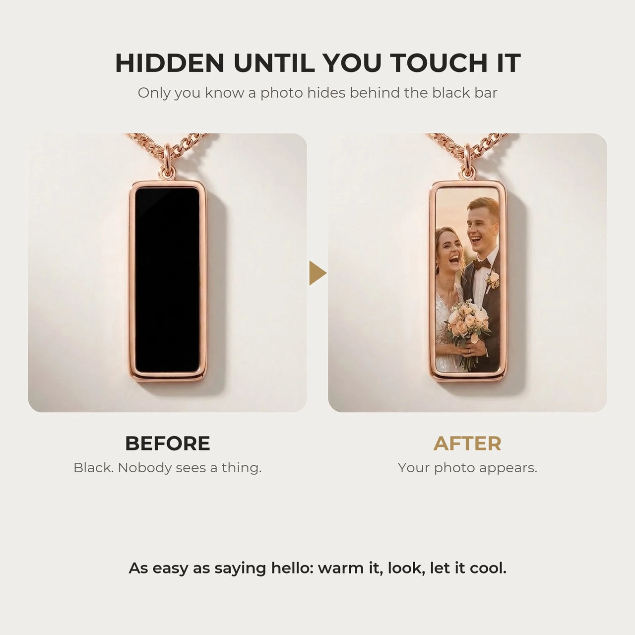 Before and after: black rose gold bar pendant, then the photo revealed by warmth | SKU: TPH-BARN-ROSEGOLD