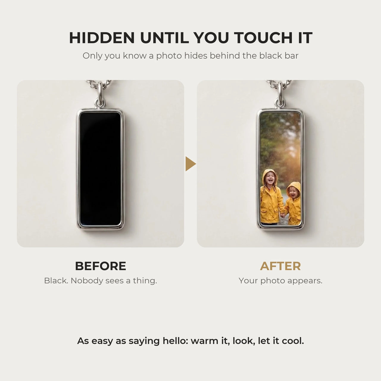 Before and after: black silver bar pendant, then the photo revealed by warmth | SKU: TPH-BARN-SILVER