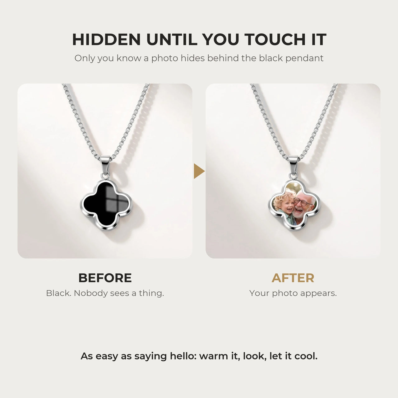 Before and after: the clover pendant of the silver necklace turns from black to the hidden photo with the warmth of a touch | SKU: TPH-CLVN-SILVER