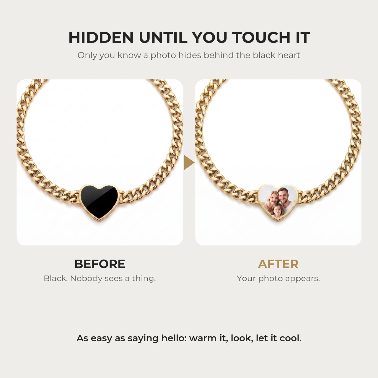 Before and after: black heart charm on the gold bracelet, then the photo revealed by warmth | SKU: TPH-HRTB-GOLD