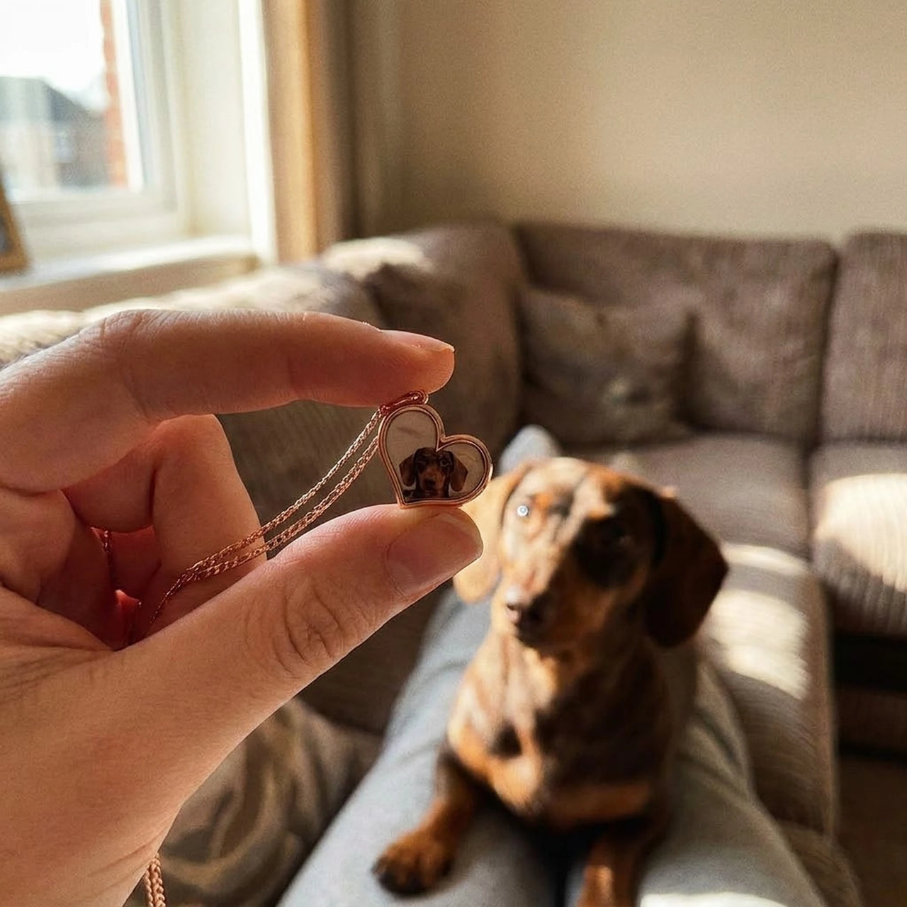Customer photo: the rose gold secret heart necklace with her dachshund's photo, her dog behind | SKU: TPH-HRTN-ROSEGOLD