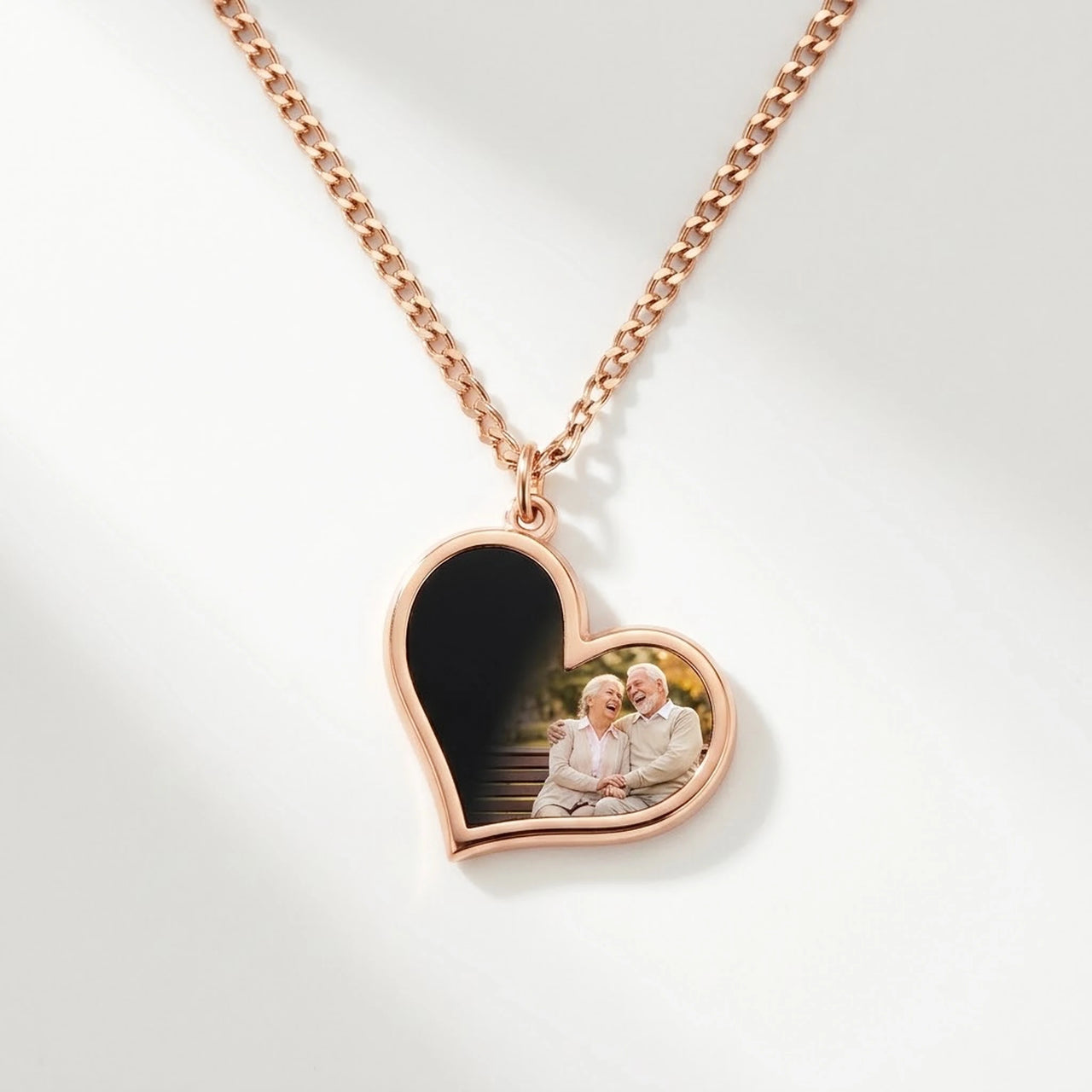 Secret Heart Photo Necklace in rose gold, black heart pendant turning into a hidden photo when warmed | SKU: TPH-HRTN-ROSEGOLD