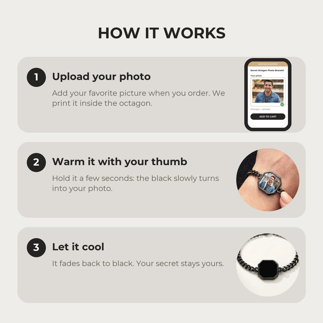 How it works: upload your photo, warm the octagon charm with your thumb, let it cool back to black | SKU: TPH-OCTB-BLACK-18