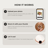 Thumbnail for How it works: upload your photo, warm the octagon charm with your thumb, let it cool back to black | SKU: TPH-OCTB-ROSEGOLD-18