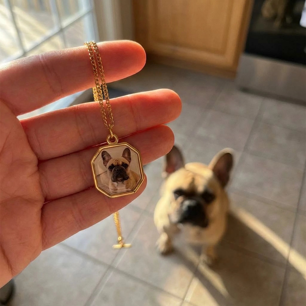 Customer photo: the gold octagon necklace with her bulldog's photo, her dog in the background | SKU: TPH-OCTN-GOLD