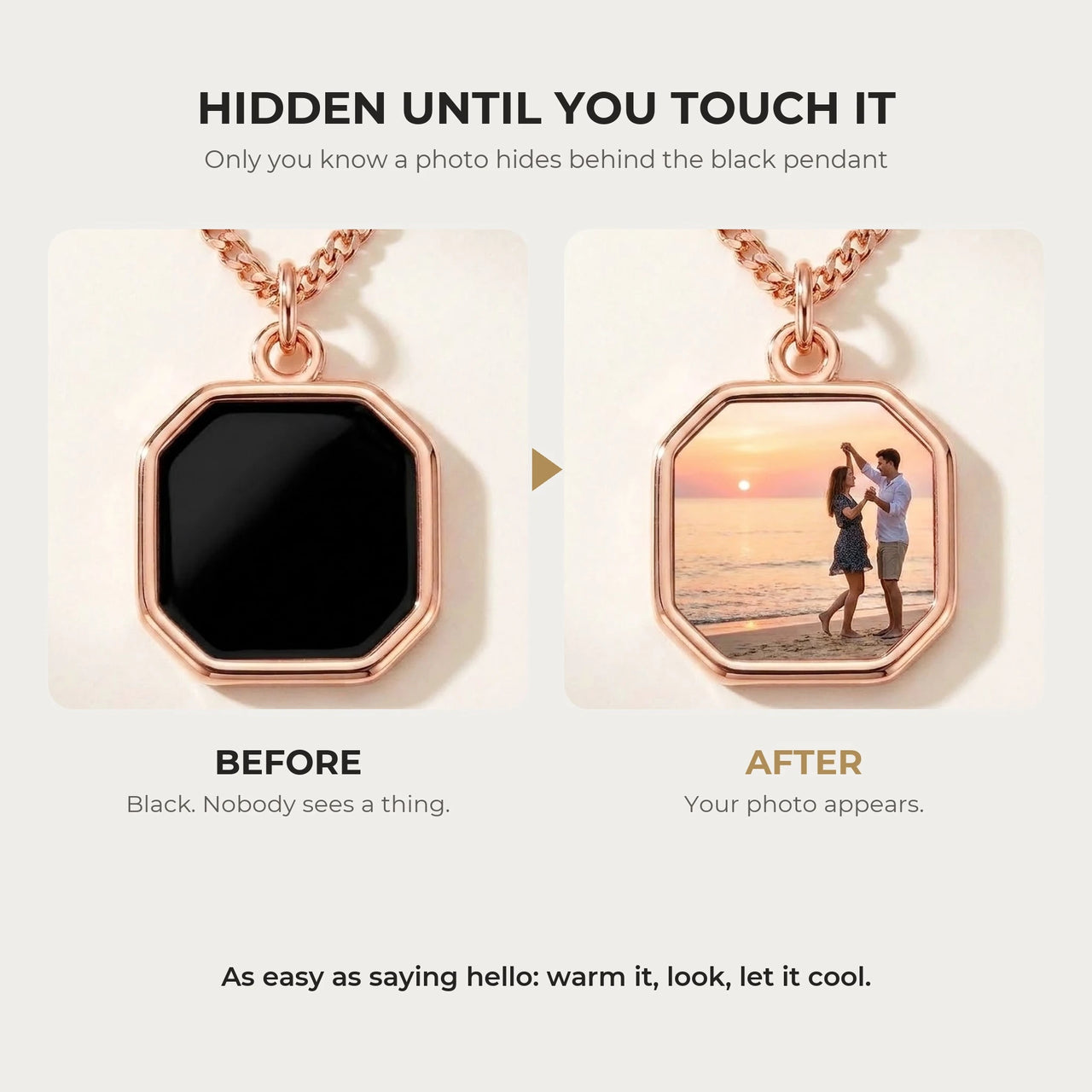 Before and after: black rose gold octagon pendant, then the photo revealed by warmth | SKU: TPH-OCTN-ROSEGOLD