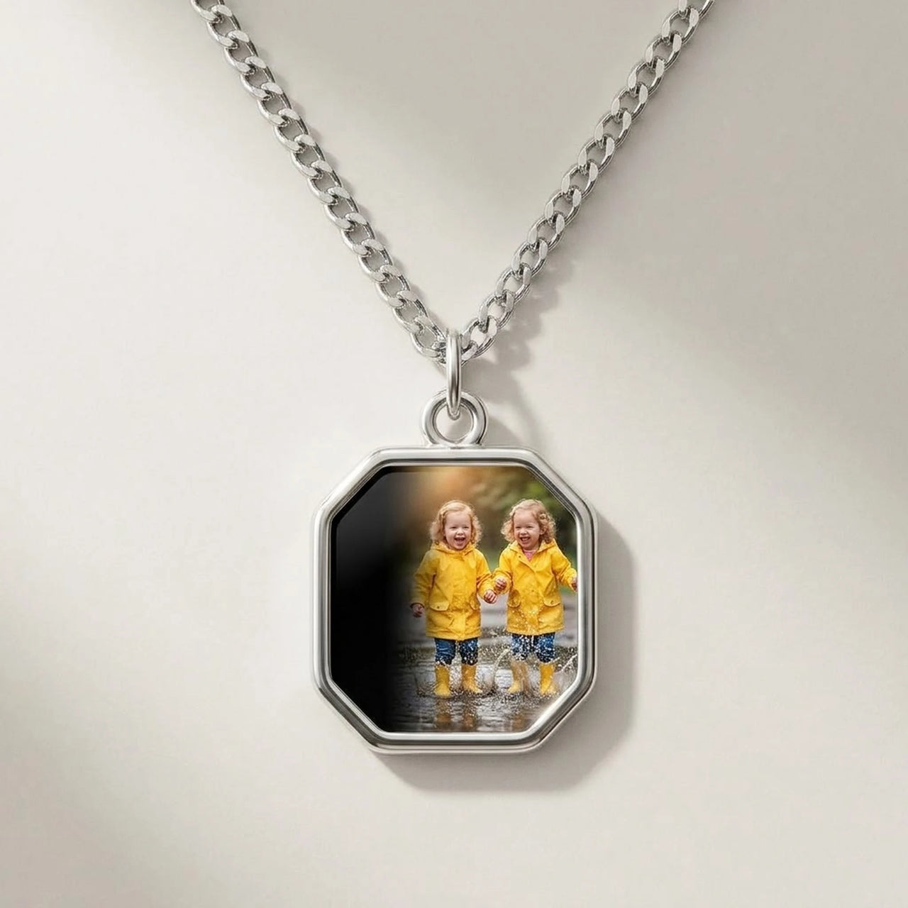 Secret Octagon Photo Necklace in silver, black octagon pendant turning into a hidden photo when warmed | SKU: TPH-OCTN-SILVER