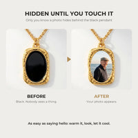 Thumbnail for Before and after: black gold oval pendant, then the photo revealed by warmth | SKU: TPH-OVLN-GOLD