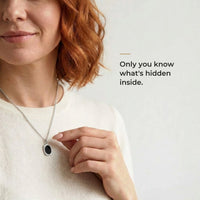 Thumbnail for Woman wearing the black silver oval pendant, only she knows the photo inside | SKU: TPH-OVLN-SILVER