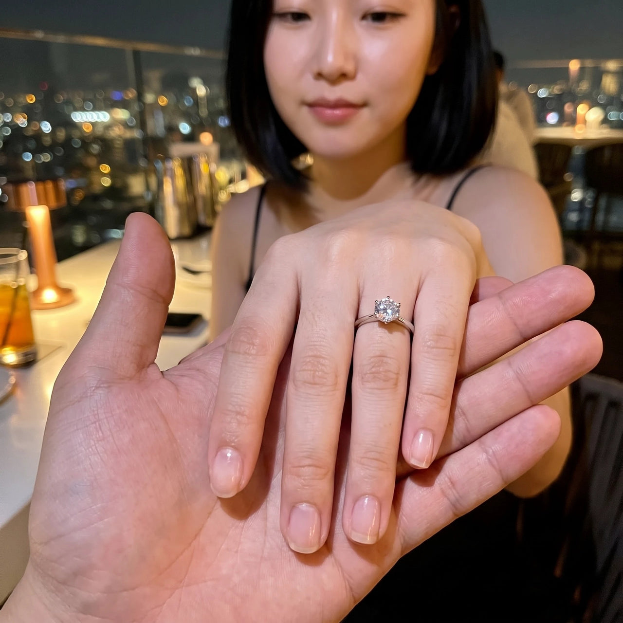 Solitaire engagement ring — worn by a couple, silver | SKU: 33759698-4.5-silver