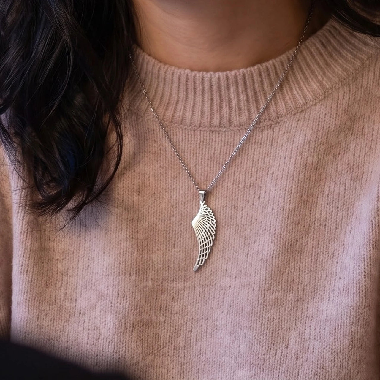 The silver necklace worn, close-up | SKU: 42003-silver