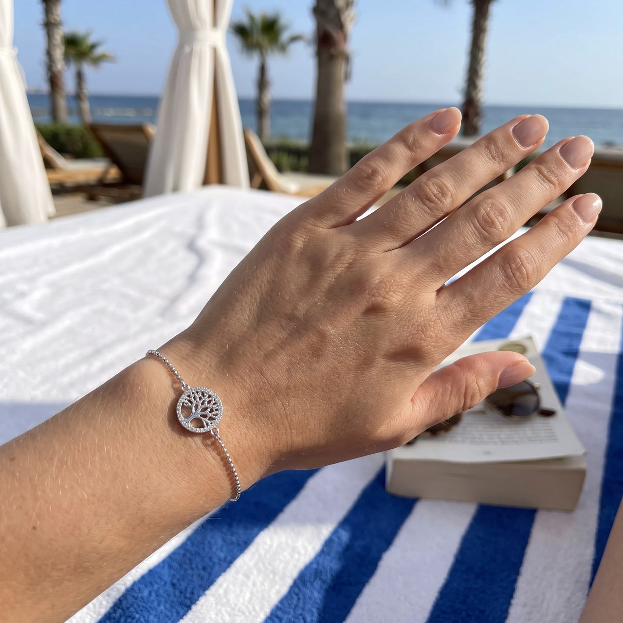 Tree of life bracelet — worn, real size, silver | SKU: 18963309-white-gold